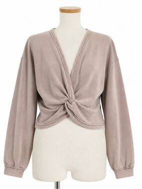Ocean Drive Twist-Front V-Neck Sweatshirt in Taupe